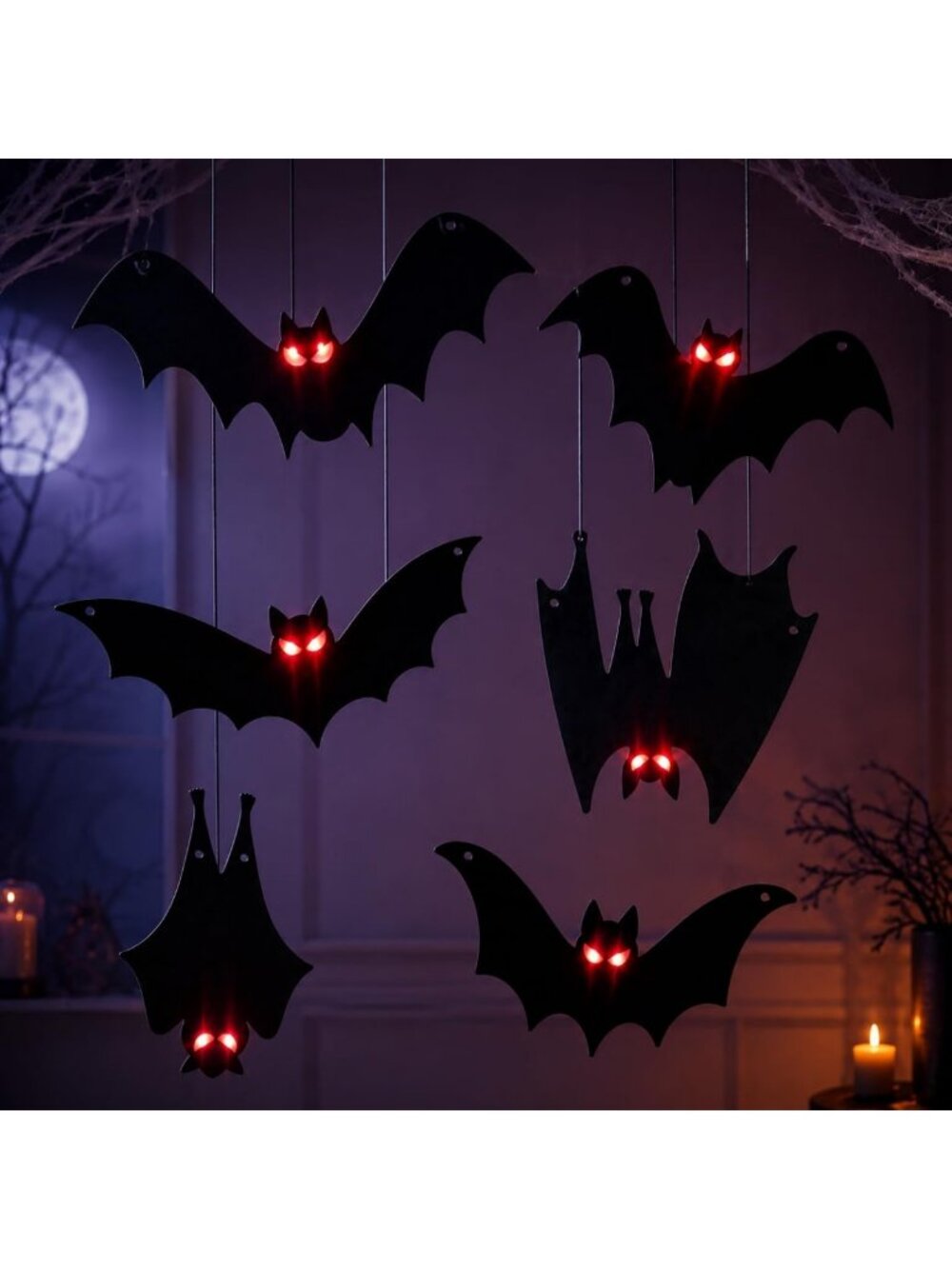 6-Pack Light Up Halloween Hanging Bats - Battery Operated, 8 Modes, Spooky Decor